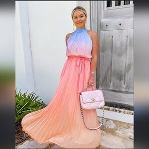 NWT Jealous Tomato multicolor ombre pleated open back halter maxi dress, size L